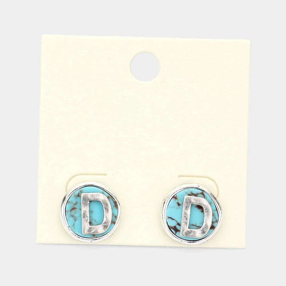 Letter D Monogram Turquoise Stud Earrings - Jewelry Store by Erik Rayo