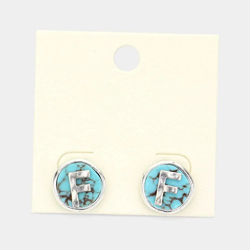 Letter F Monogram Turquoise Stud Earrings - Jewelry Store by Erik Rayo