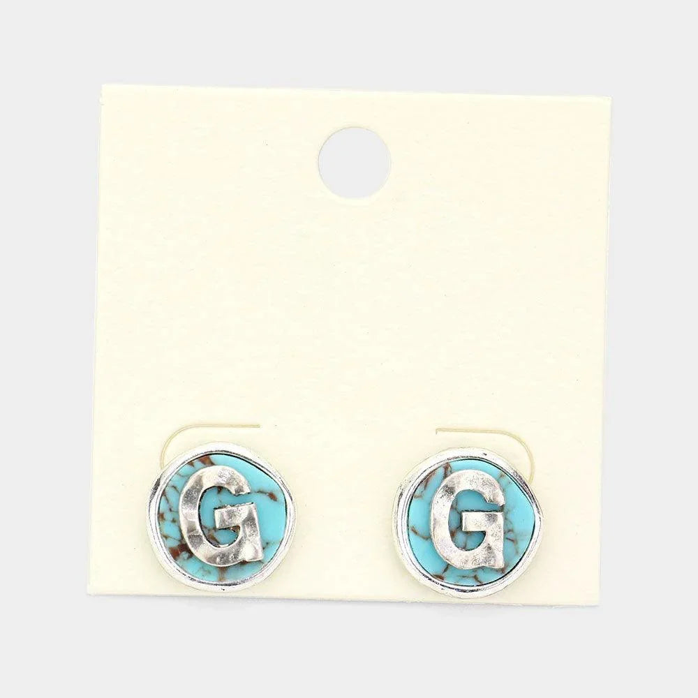 Letter G Monogram Turquoise Stud Earrings - Jewelry Store by Erik Rayo