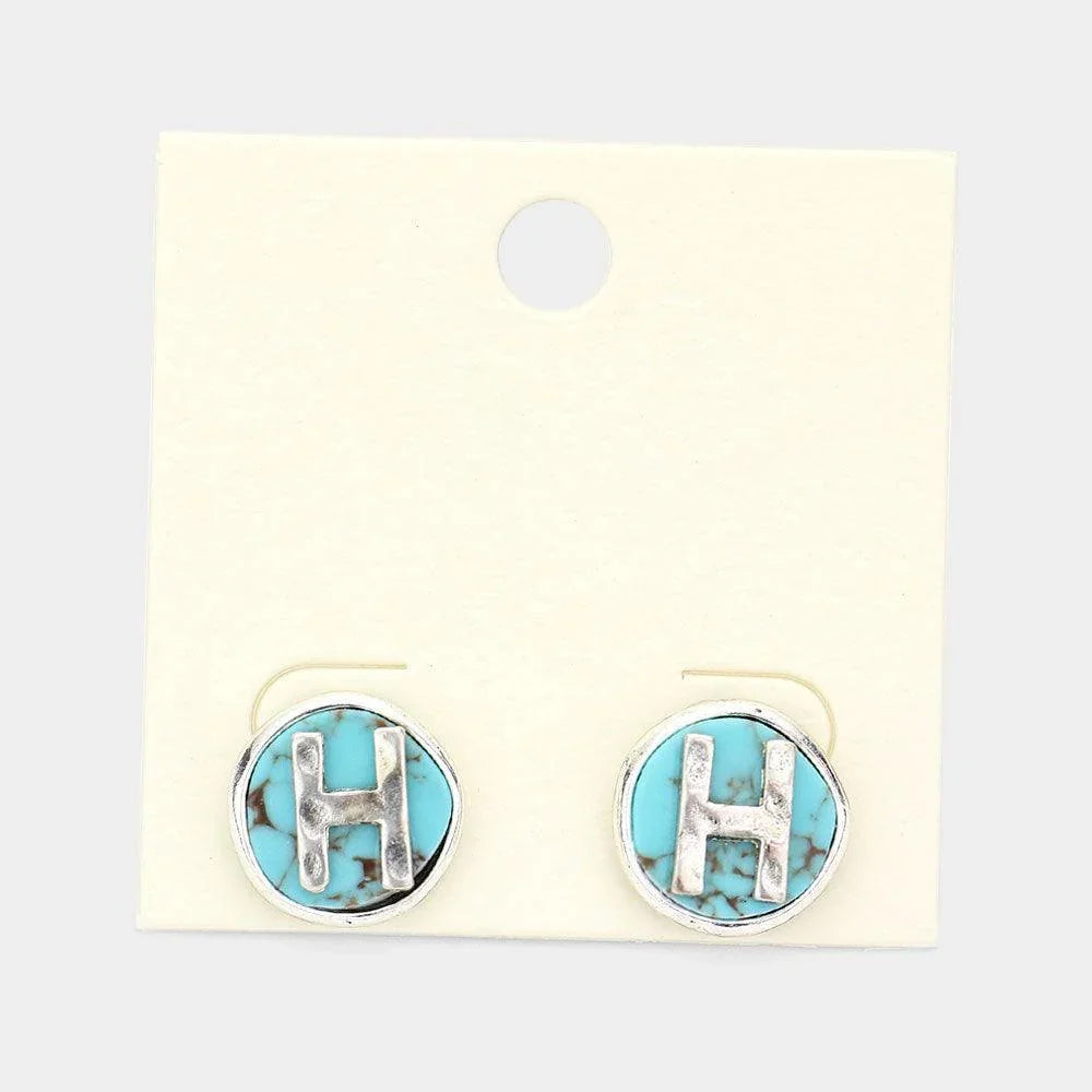 Letter H Monogram Turquoise Stud Earrings - Jewelry Store by Erik Rayo