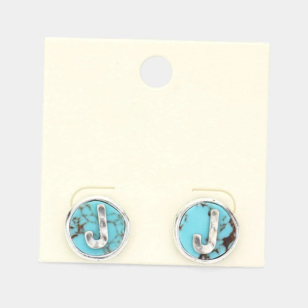 Letter J Monogram Turquoise Stud Earrings - Jewelry Store by Erik Rayo