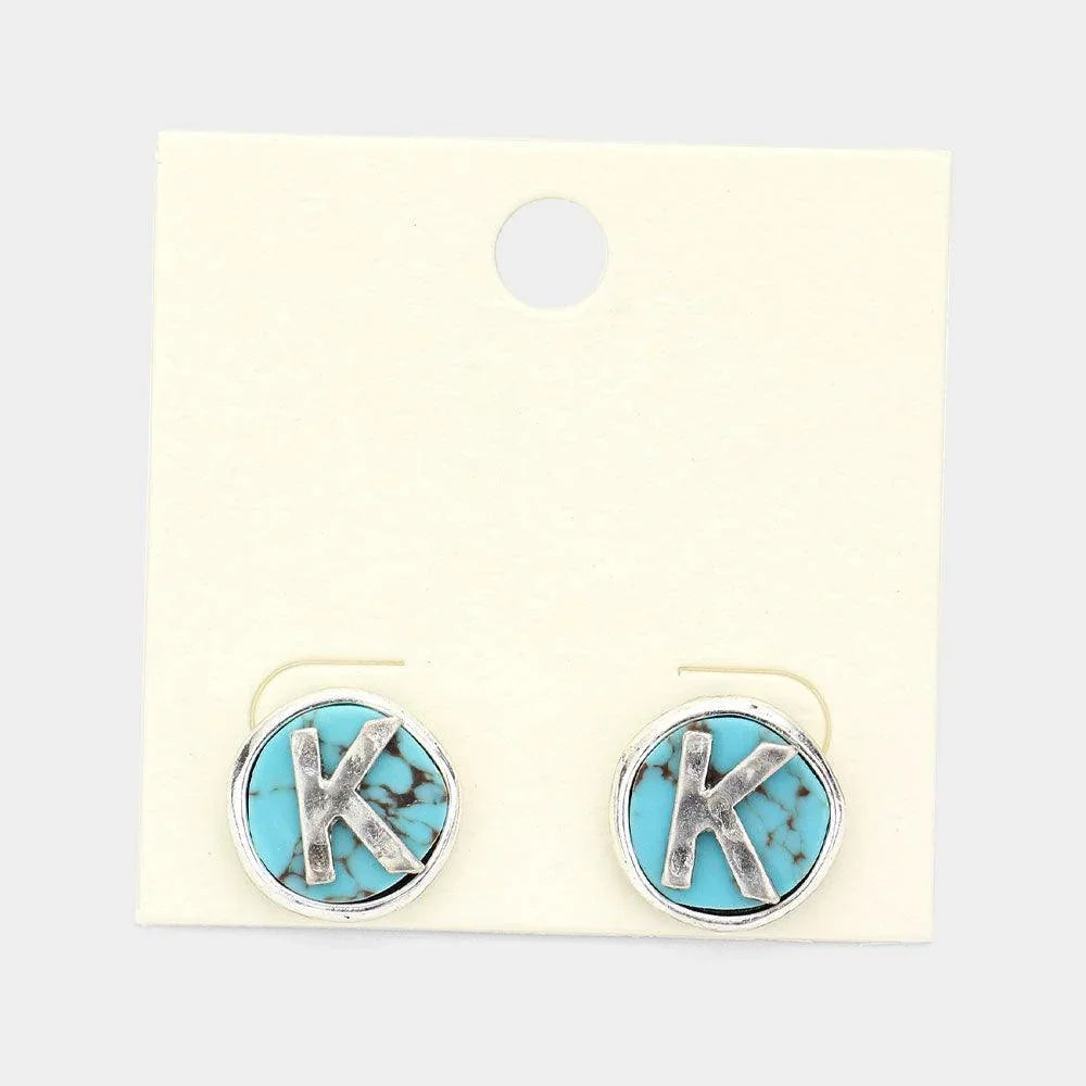 Letter K Monogram Turquoise Stud Earrings - Jewelry Store by Erik Rayo