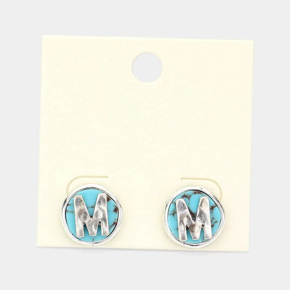 Letter M Monogram Turquoise Stud Earrings - Jewelry Store by Erik Rayo