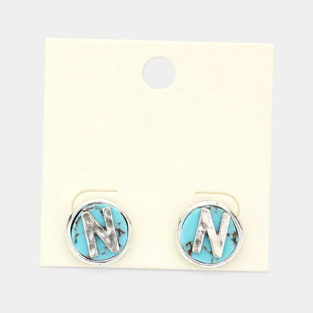 Letter N Monogram Turquoise Stud Earrings - Jewelry Store by Erik Rayo