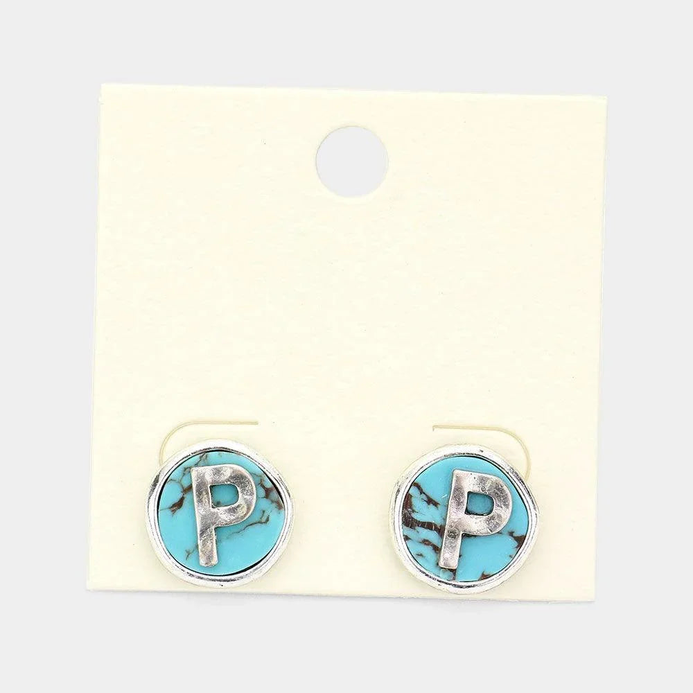 Letter P Monogram Turquoise Stud Earrings - Jewelry Store by Erik Rayo