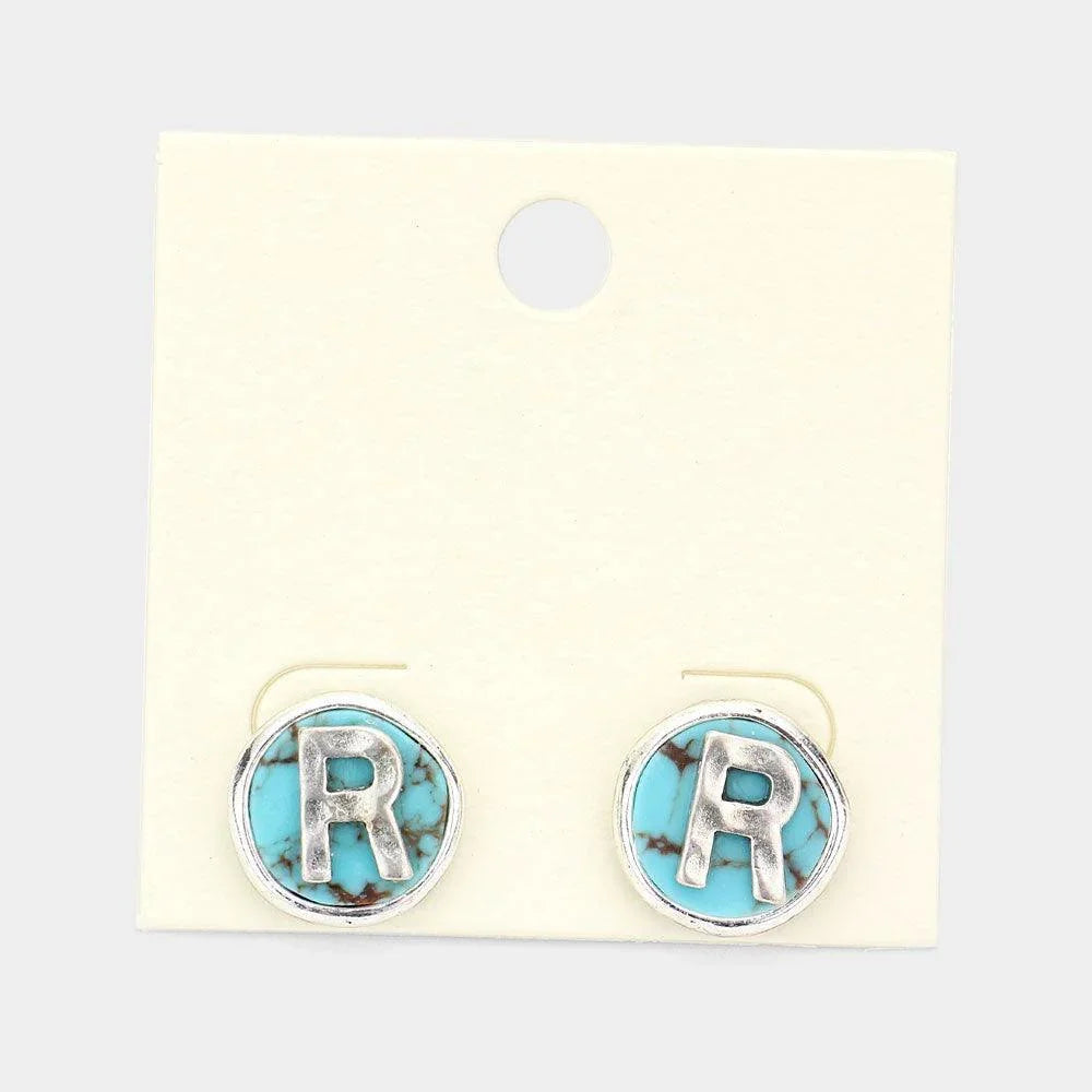 Turquoise -R- Monogram Turquoise Stud Earrings - Jewelry Store by Erik Rayo