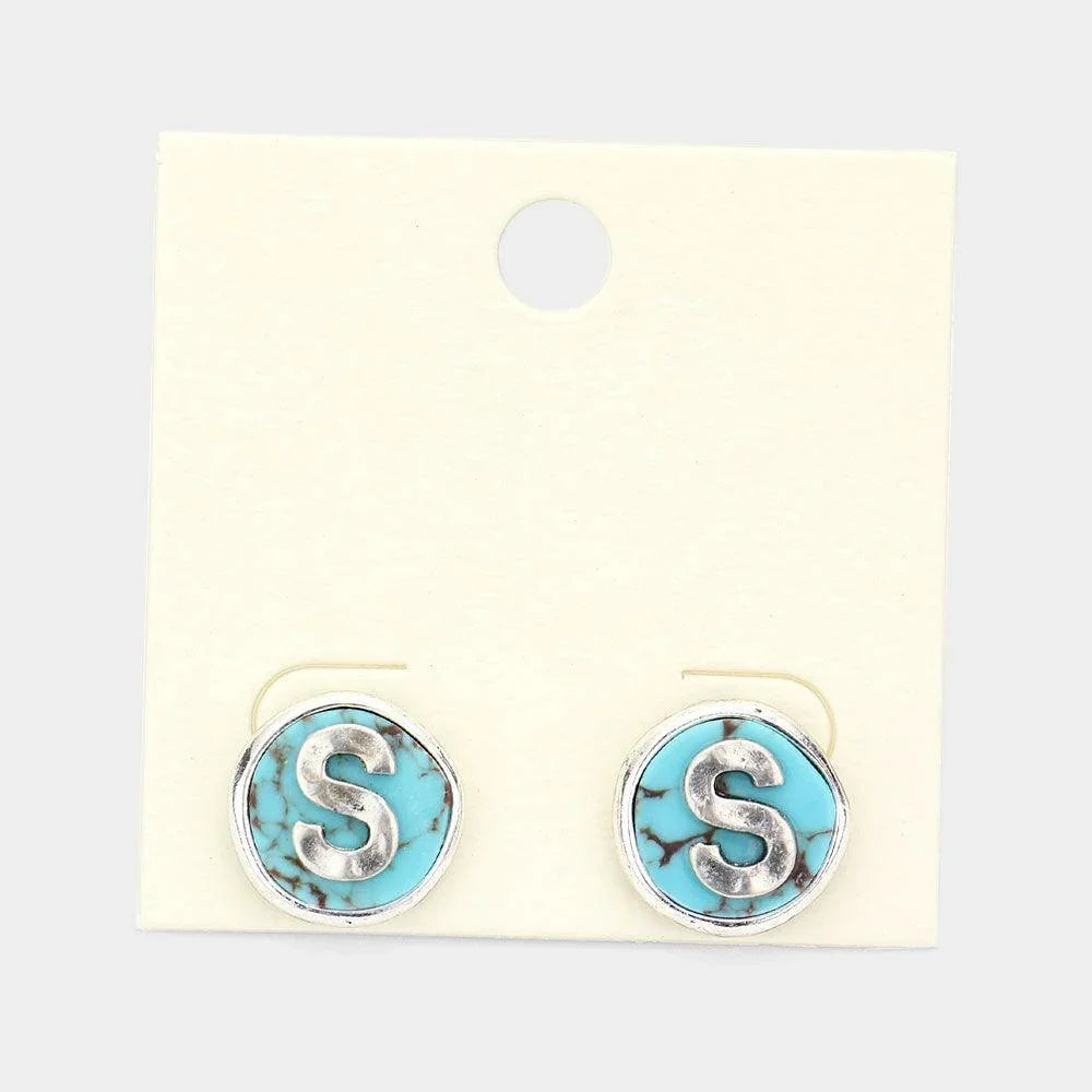 Letter S Monogram Turquoise Stud Earrings - Jewelry Store by Erik Rayo