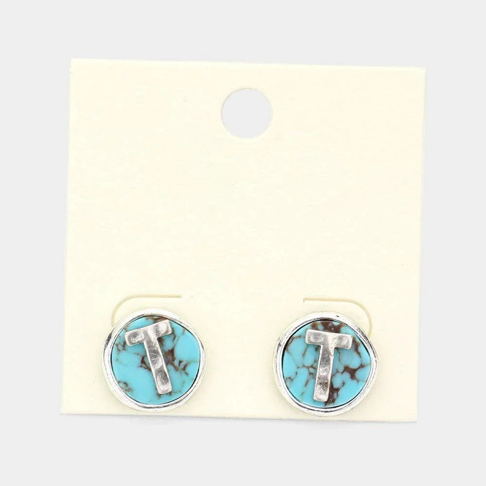 Letter T Monogram Turquoise Stud Earrings - Jewelry Store by Erik Rayo