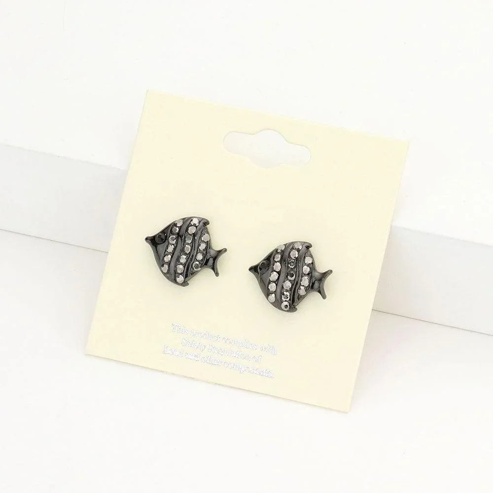 Hematite Rhinestone Pave Fish Stud Earrings - Jewelry Store by Erik Rayo