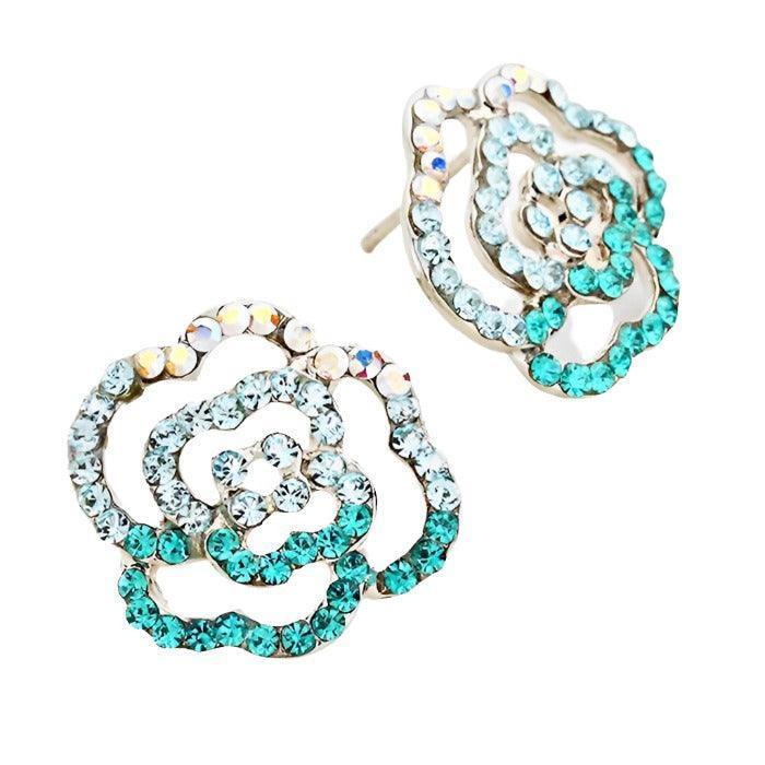 Aqua Genuine Crystal Rose Stud Earrings - Jewelry Store by Erik Rayo