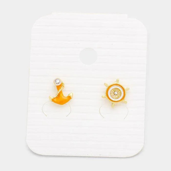 Orange Anchor Ship Wheel Stud Earrings - Jewelry Store by Erik Rayo