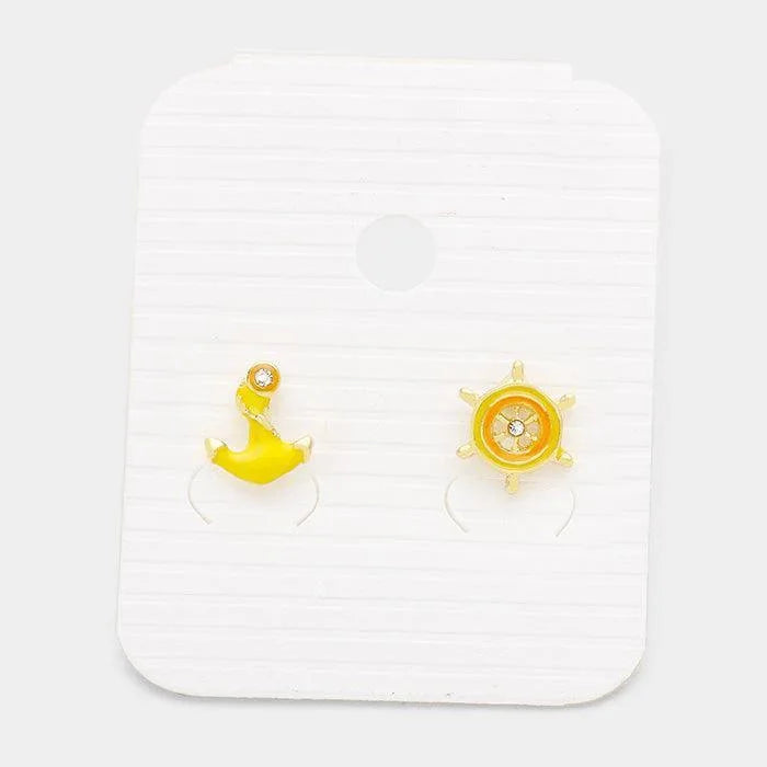 Yellow Anchor Ship Wheel Stud Earrings - Jewelry Store by Erik Rayo