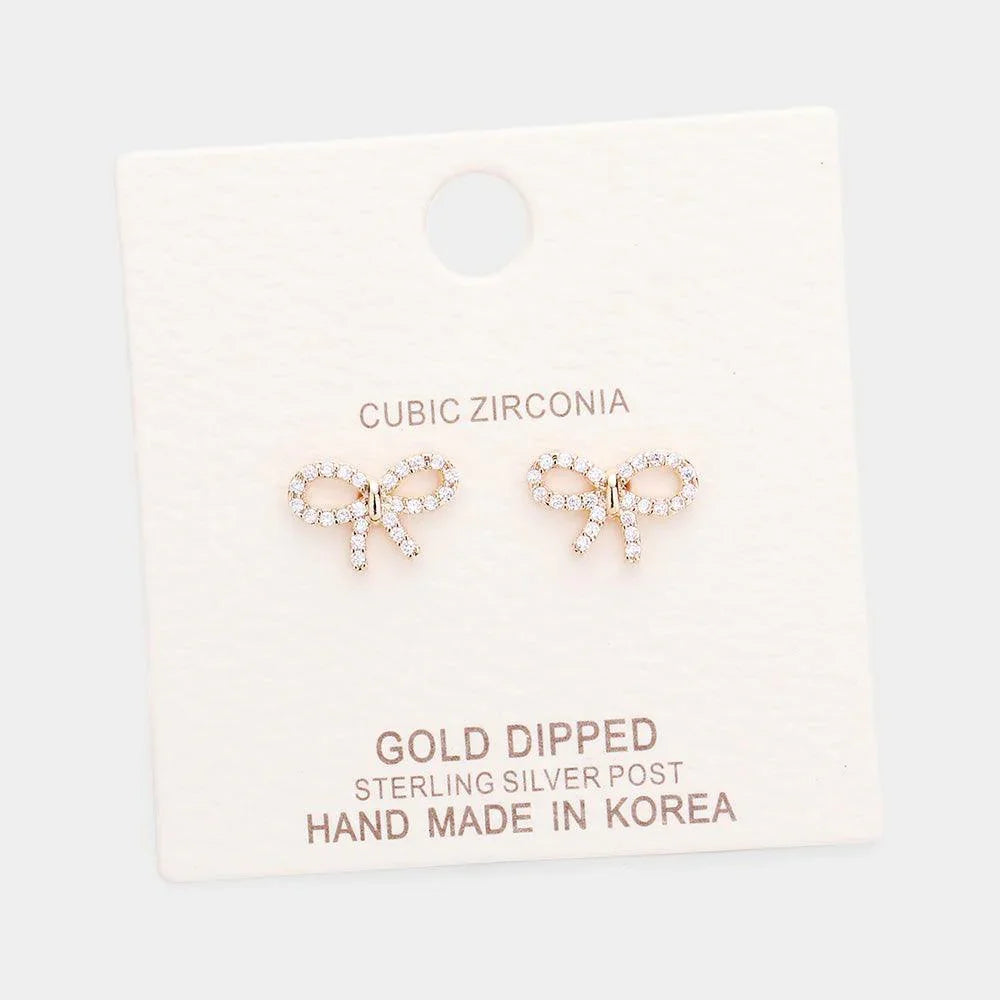 Gold Gold Dipped Cubic Zirconia Bow Metal Stud Earrings - Jewelry Store by Erik Rayo