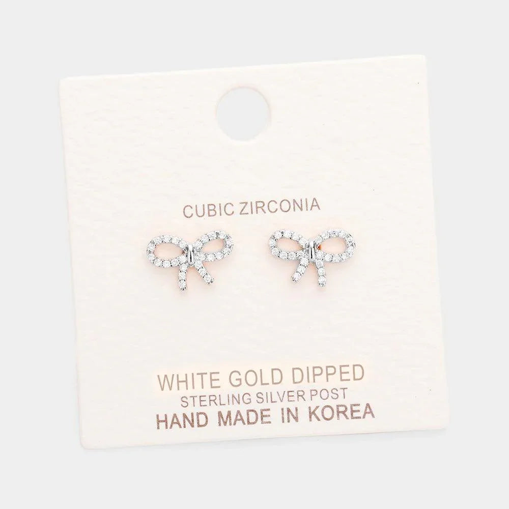 Gold White Gold Dipped Cubic Zirconia Bow Metal Stud Earrings - Jewelry Store by Erik Rayo