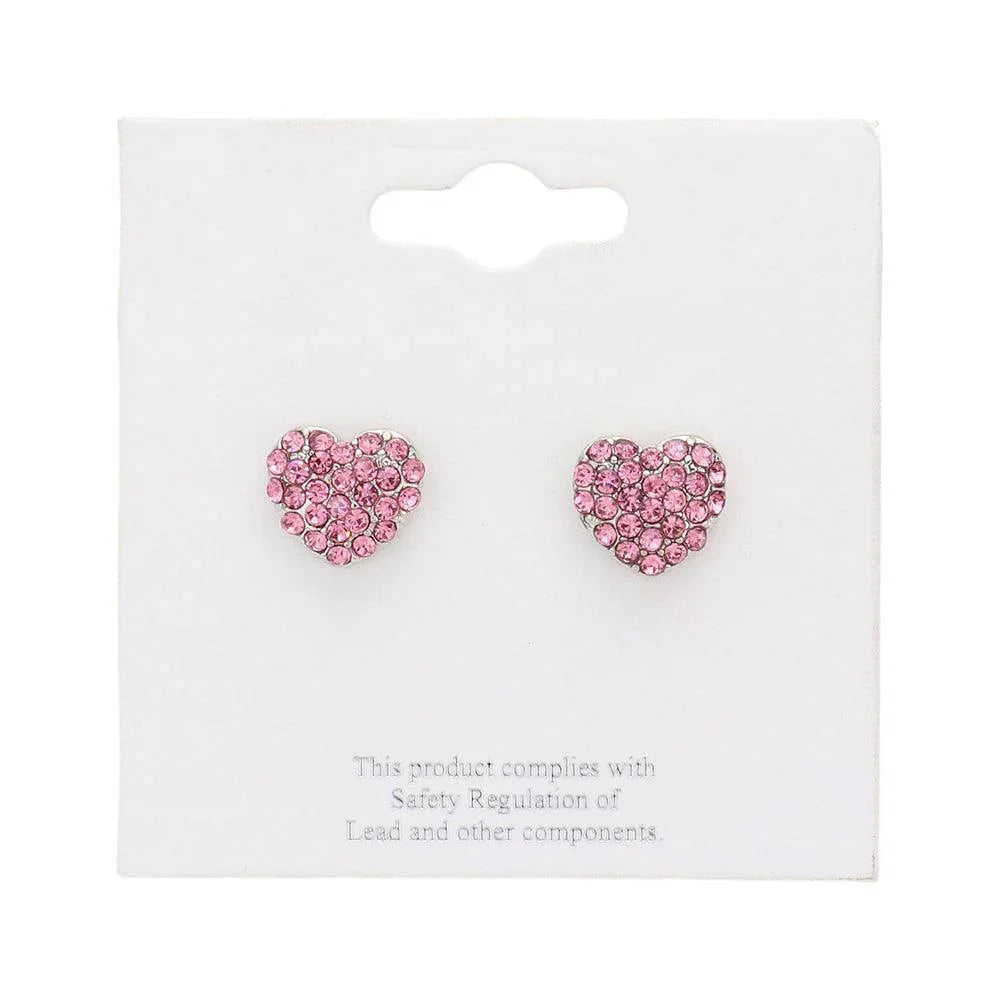Pink Crystal Stone Paved Heart Stud Earrings - Jewelry Store by Erik Rayo