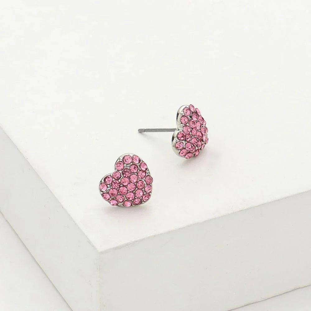 Pink Crystal Stone Paved Heart Stud Earrings - Jewelry Store by Erik Rayo