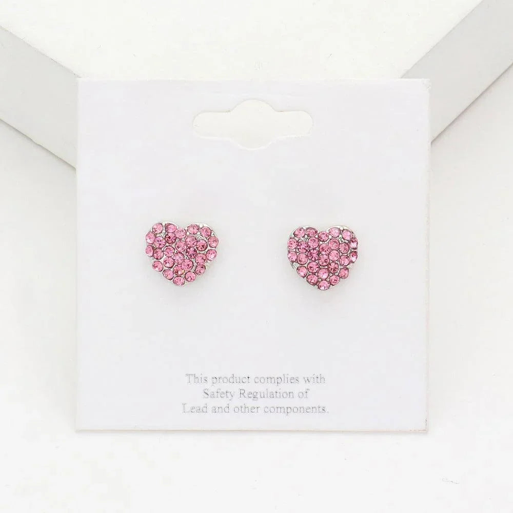 Pink Crystal Stone Paved Heart Stud Earrings - Jewelry Store by Erik Rayo
