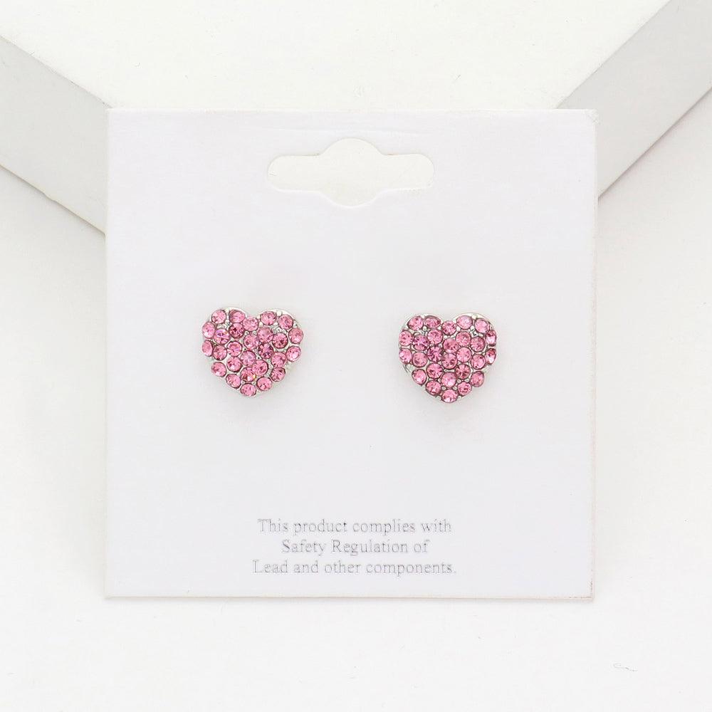 Pink Crystal Stone Paved Heart Stud Earrings