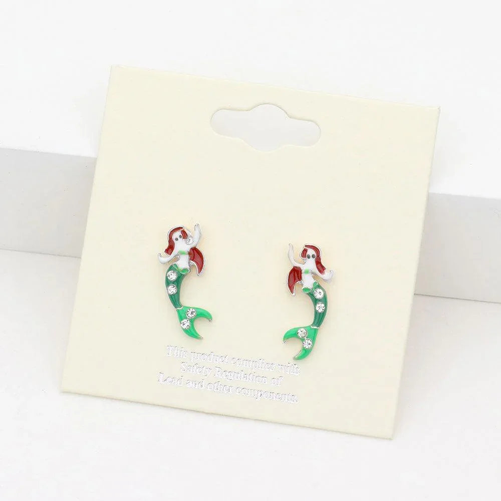 Stone Embellished Enamel Mermaid Stud Earrings - Jewelry Store by Erik Rayo