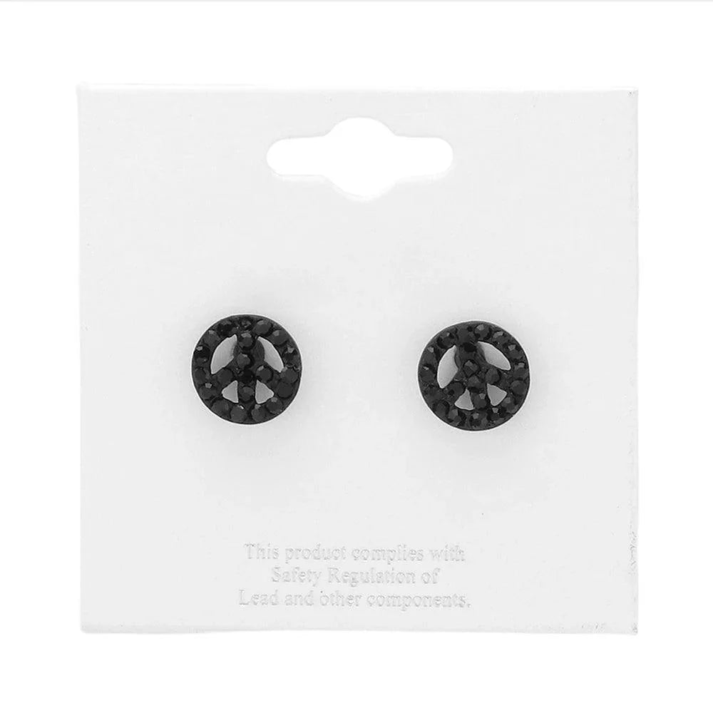 Black Rhinestone Embellished Peace Sign Stud Earrings - Jewelry Store by Erik Rayo