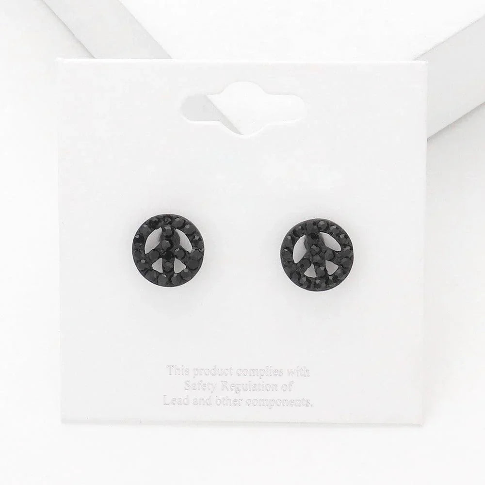 Black Rhinestone Embellished Peace Sign Stud Earrings - Jewelry Store by Erik Rayo