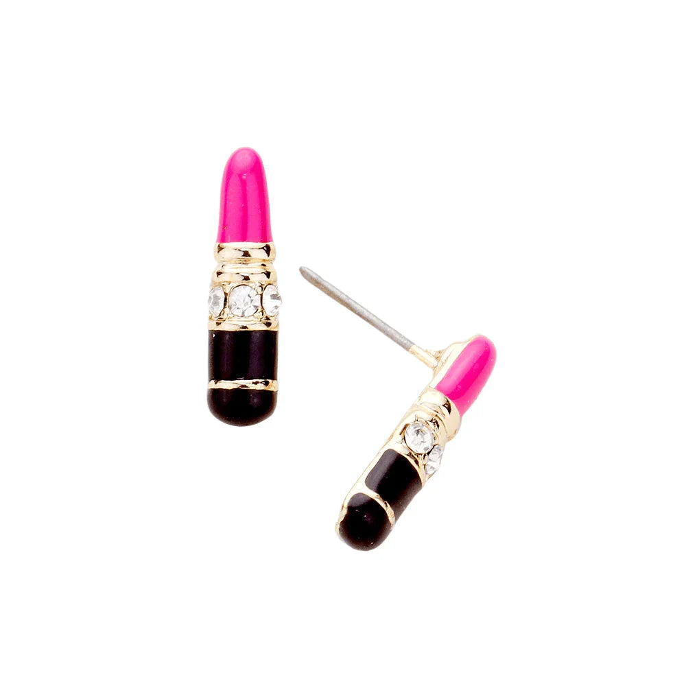 Gold Rhinestone Enamel Lipstick Stud Earrings - Jewelry Store by Erik Rayo