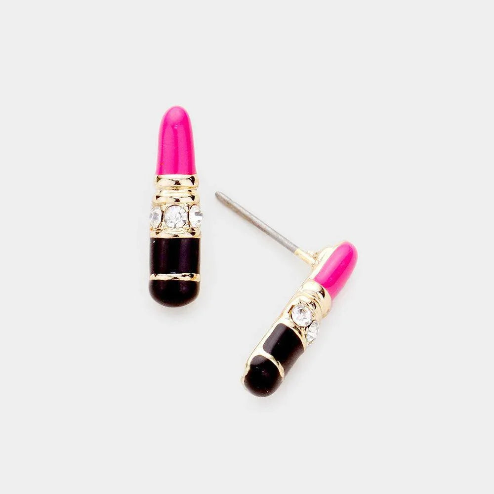 Gold Rhinestone Enamel Lipstick Stud Earrings - Jewelry Store by Erik Rayo