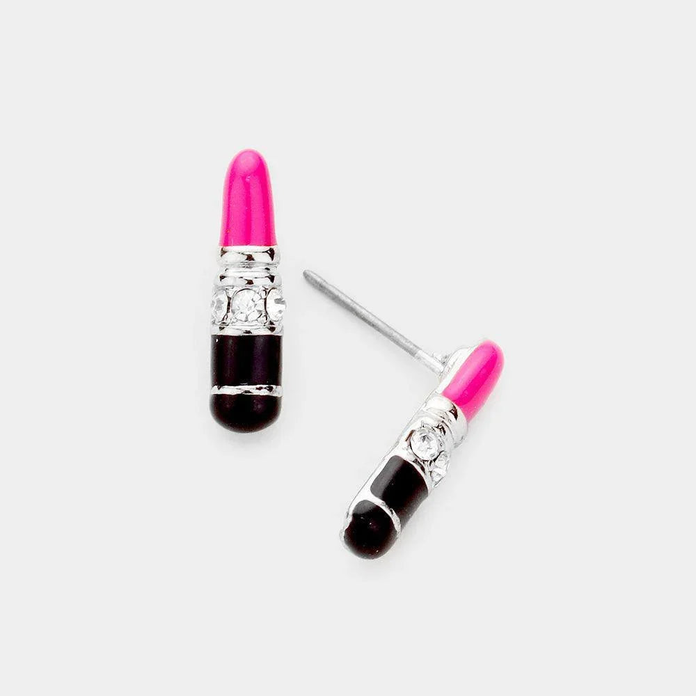Pink Rhinestone Enamel Lipstick Stud Earrings - Jewelry Store by Erik Rayo