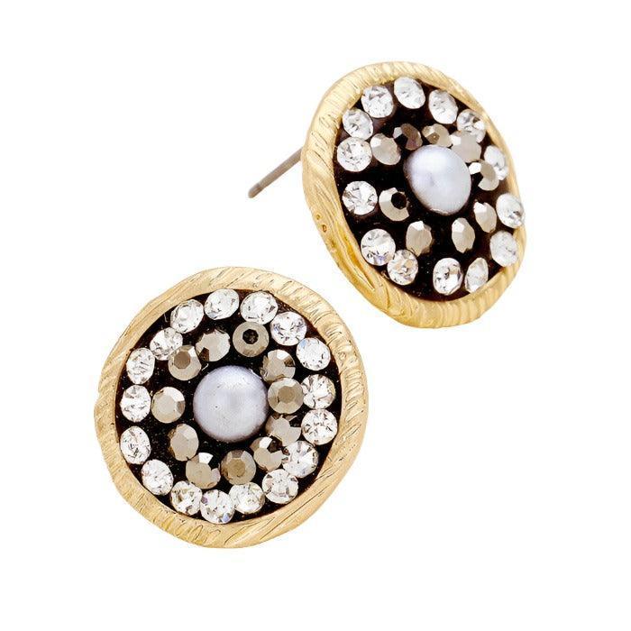 Gold Pearl & crystal pave metal stud earrings - Jewelry Store by Erik Rayo
