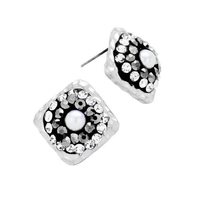 Silver Pearl & Crystal Pave Metal Stud Earrings - Jewelry Store by Erik Rayo