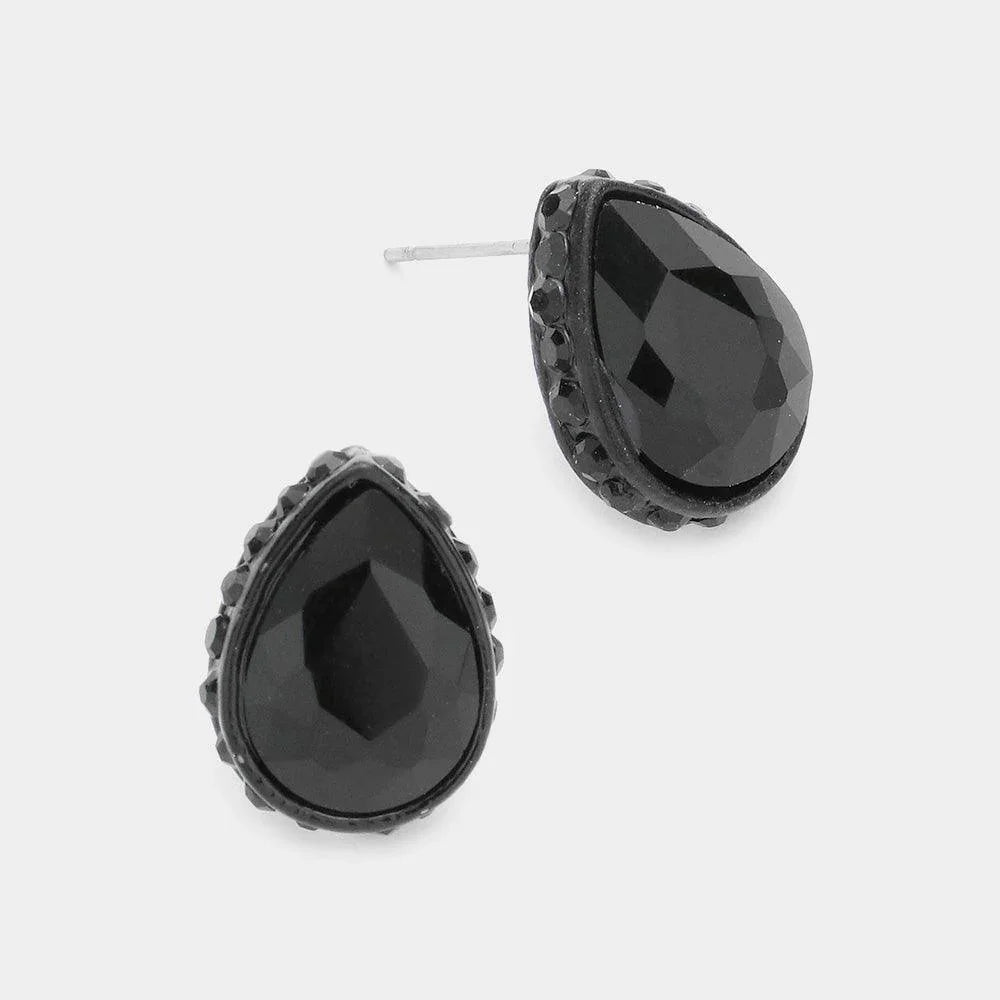 Black Rhinestone Trimmed Teardrop Stone Evening Stud Earrings - Jewelry Store by Erik Rayo