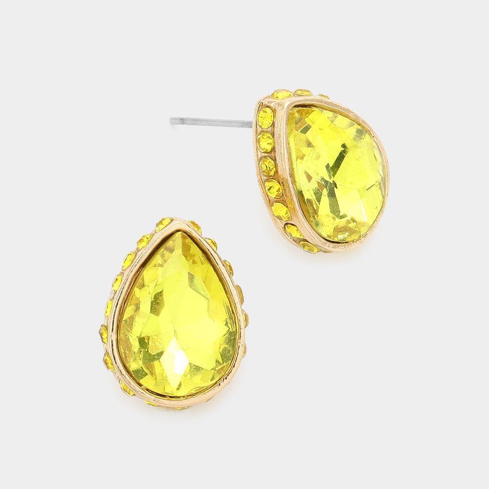 Yellow Rhinestone Trimmed Teardrop Stone Evening Stud Earrings - Jewelry Store by Erik Rayo
