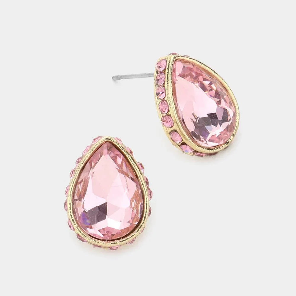 Rhinestone Trimmed Teardrop Stone Evening Stud Earrings - Jewelry Store by Erik Rayo