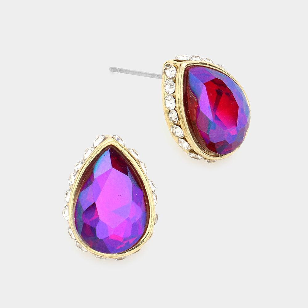 Purple Rhinestone Trimmed Teardrop Stone Evening Stud Earrings - Jewelry Store by Erik Rayo