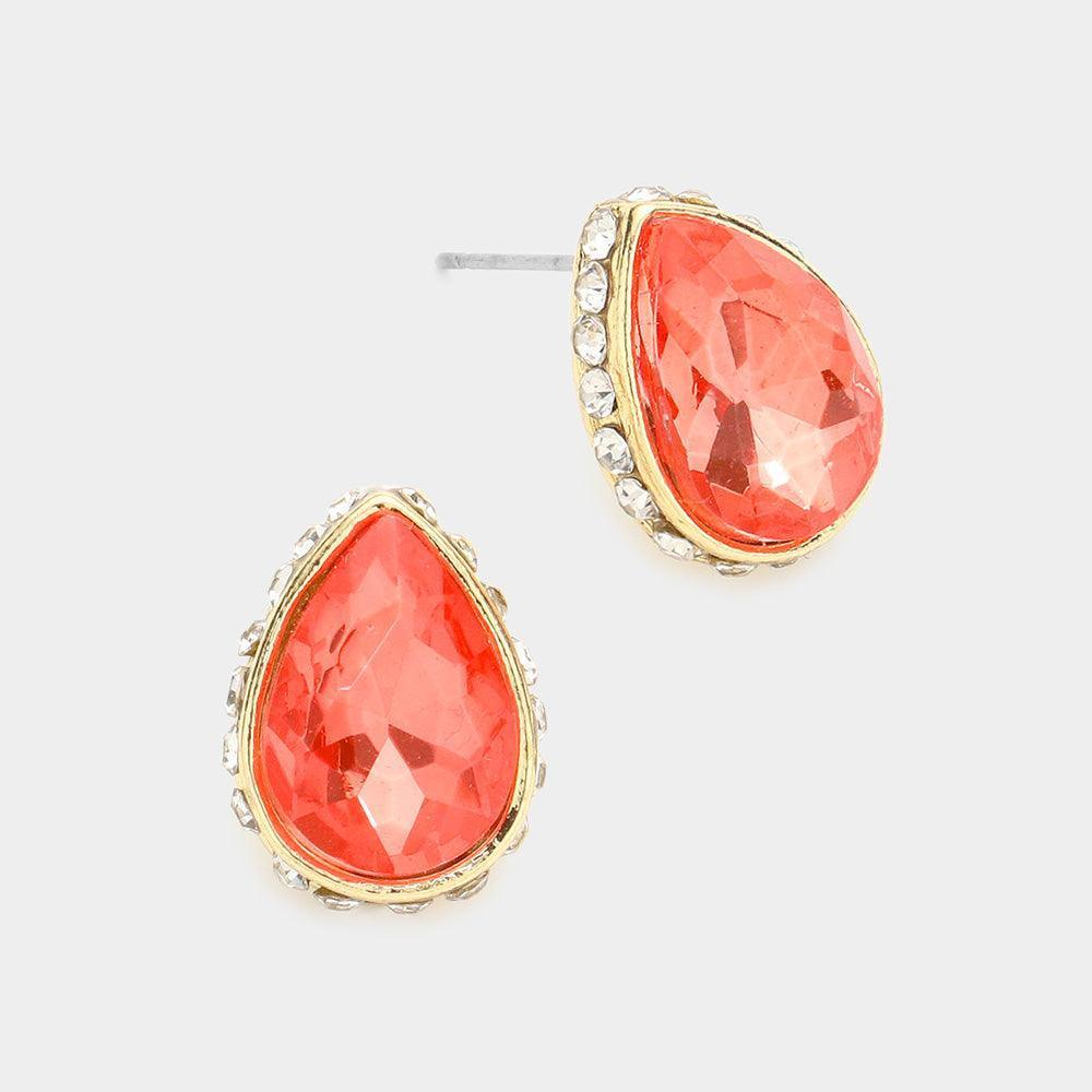Coral Rhinestone Trimmed Teardrop Stone Evening Stud Earrings - Jewelry Store by Erik Rayo