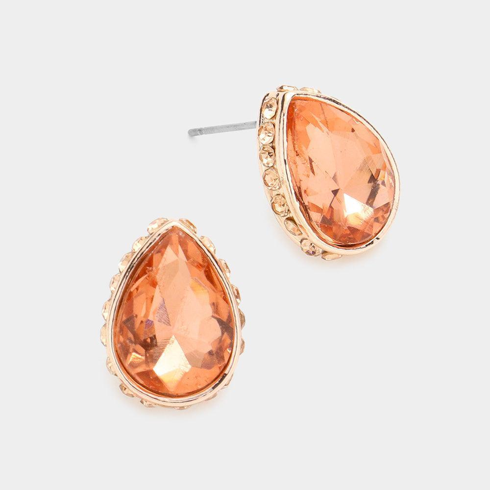 Peach Rhinestone Trimmed Teardrop Stone Evening Stud Earrings - Jewelry Store by Erik Rayo