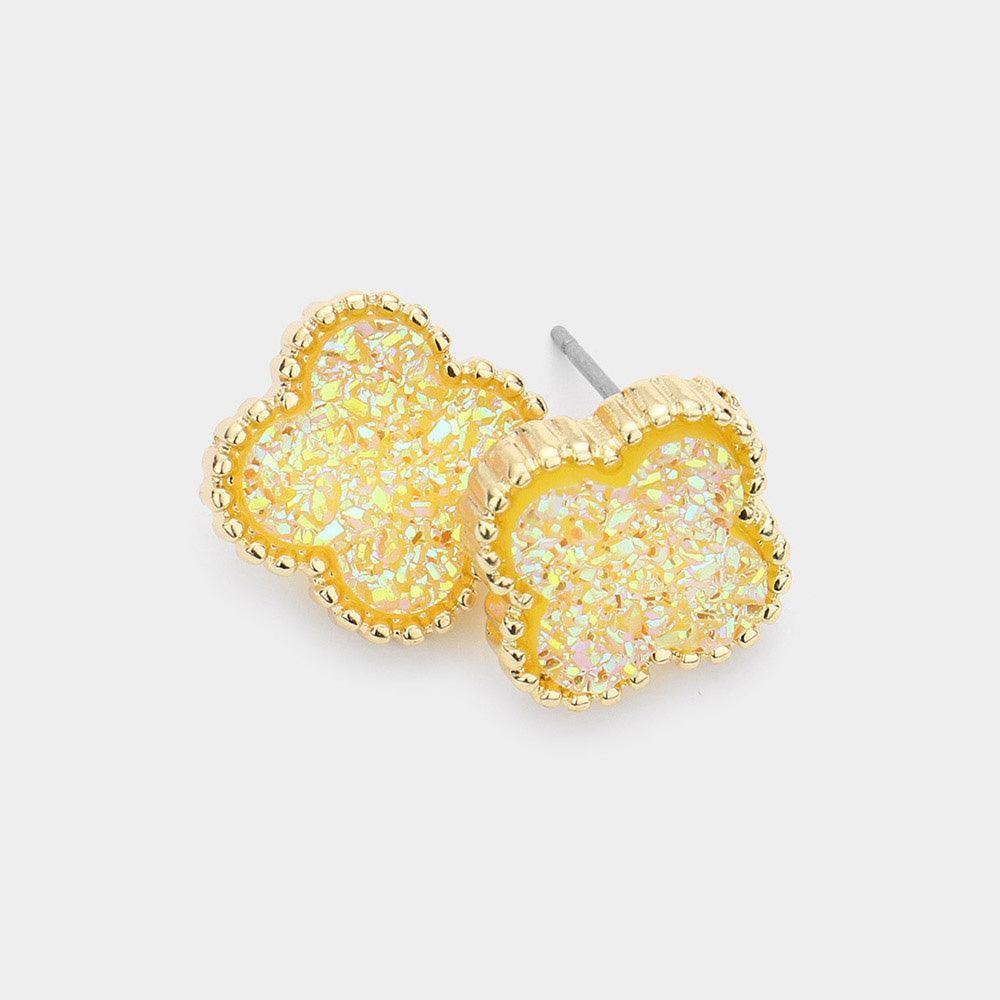 Yellow Druzy Quatrefoil Stud Earrings - Jewelry Store by Erik Rayo