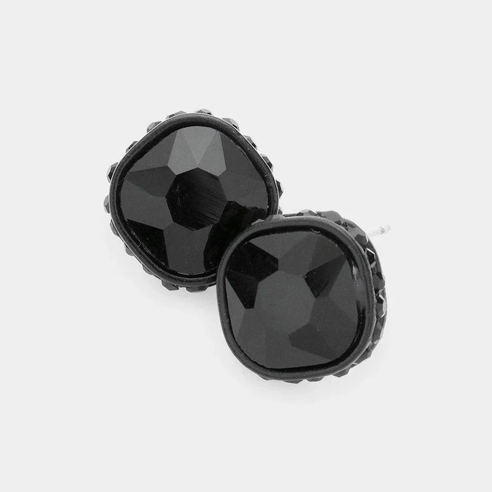 Black Rhinestone Trimmed Square Stone Evening Stud Earrings - Jewelry Store by Erik Rayo