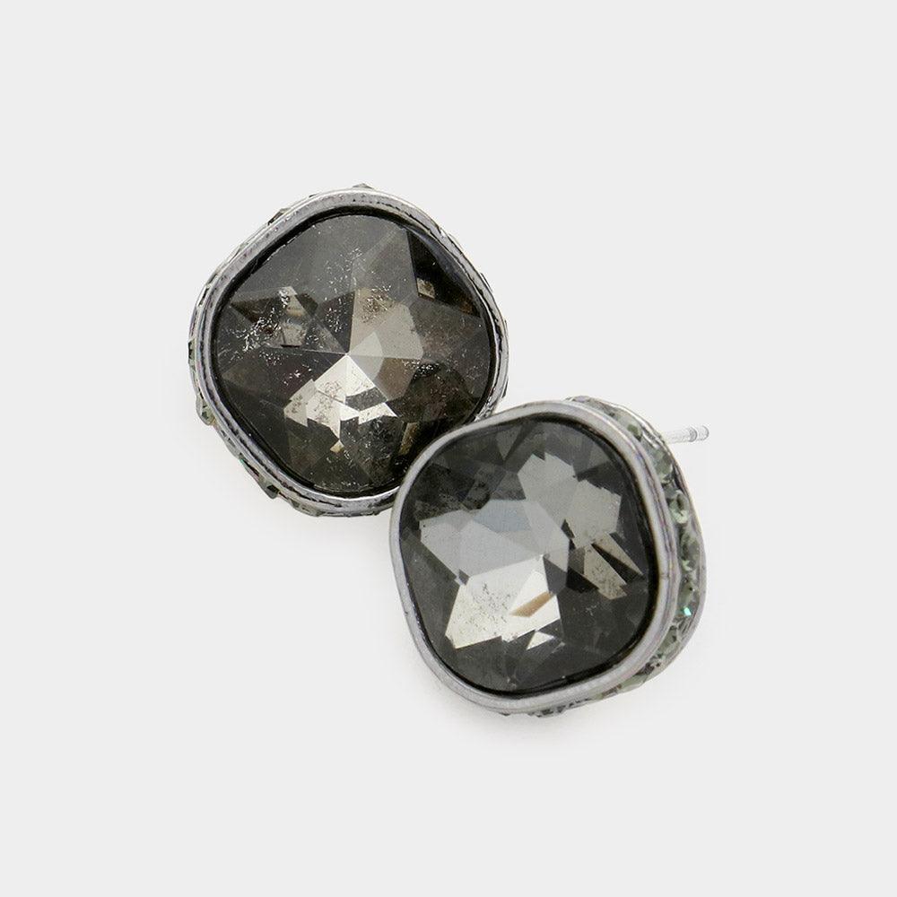 Black Rhinestone Trimmed Square Stone Evening Stud Earrings - Jewelry Store by Erik Rayo