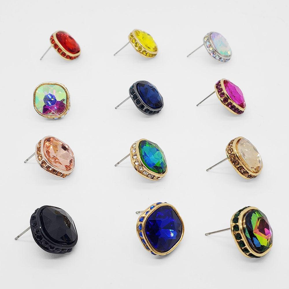 Blue Rhinestone Trimmed Square Stone Evening Stud Earrings - Jewelry Store by Erik Rayo