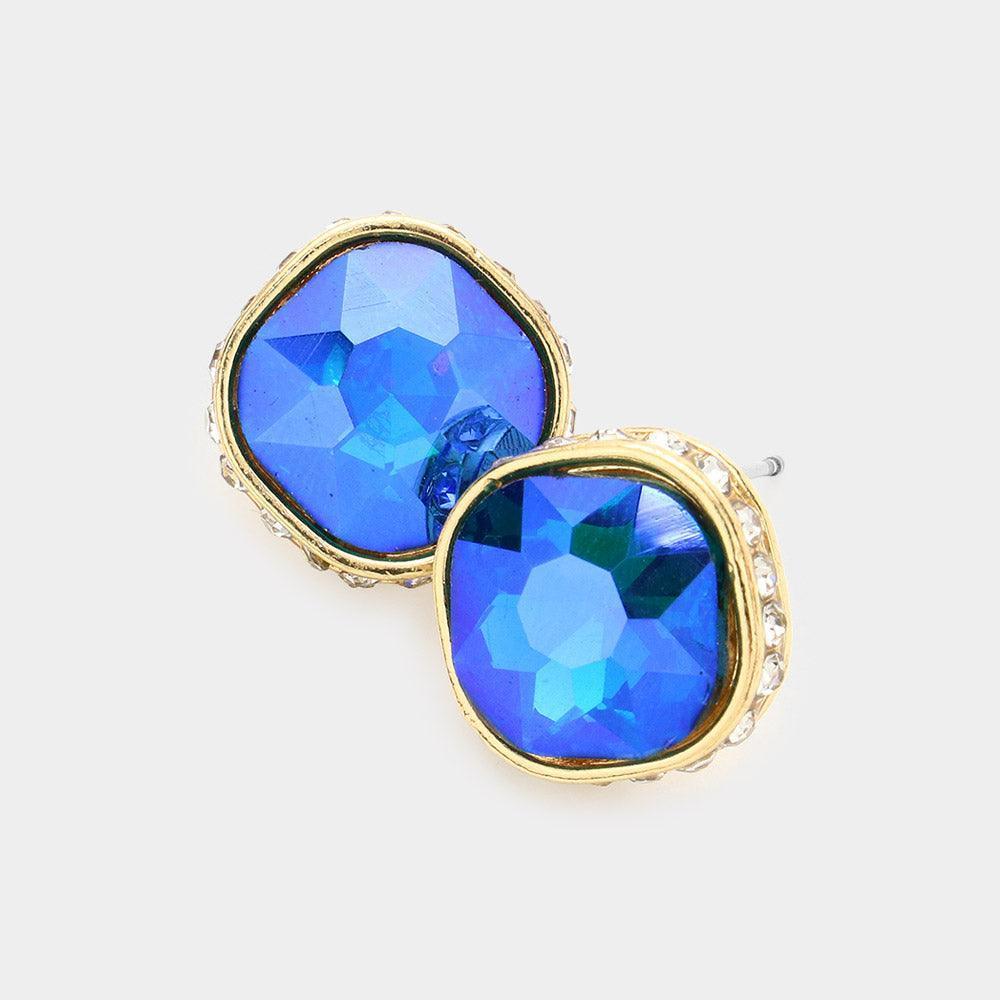 Blue Rhinestone Trimmed Square Stone Evening Stud Earrings - Jewelry Store by Erik Rayo