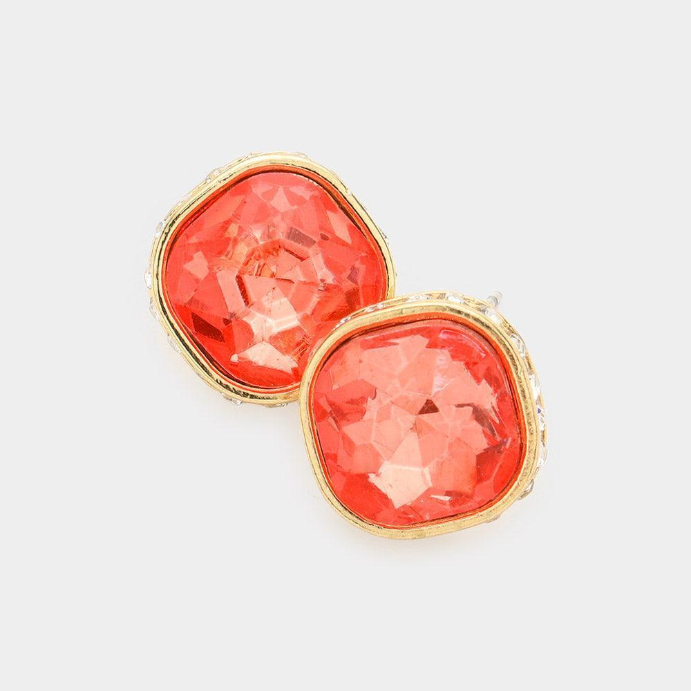Coral Rhinestone Trimmed Square Stone Evening Stud Earrings - Jewelry Store by Erik Rayo