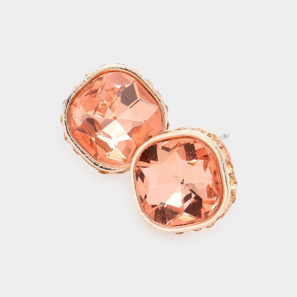 Peach Rhinestone Trimmed Square Stone Evening Stud Earrings - Jewelry Store by Erik Rayo