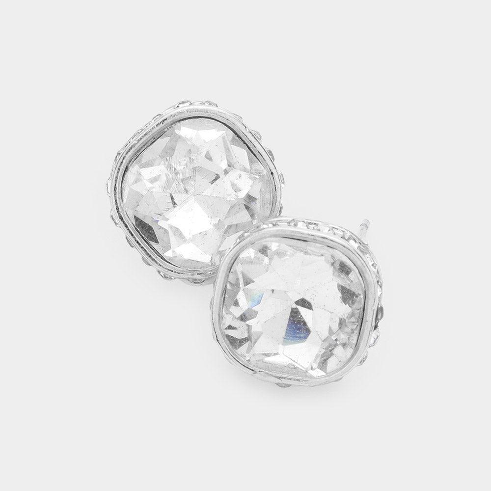 Silver Rhinestone Trimmed Square Stone Evening Stud Earrings - Jewelry Store by Erik Rayo