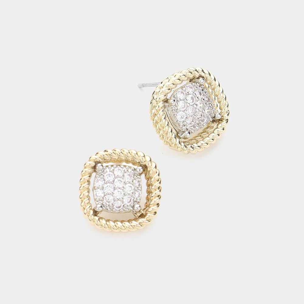 Two Tone CZ Embellished Curved Square Stud Earrings