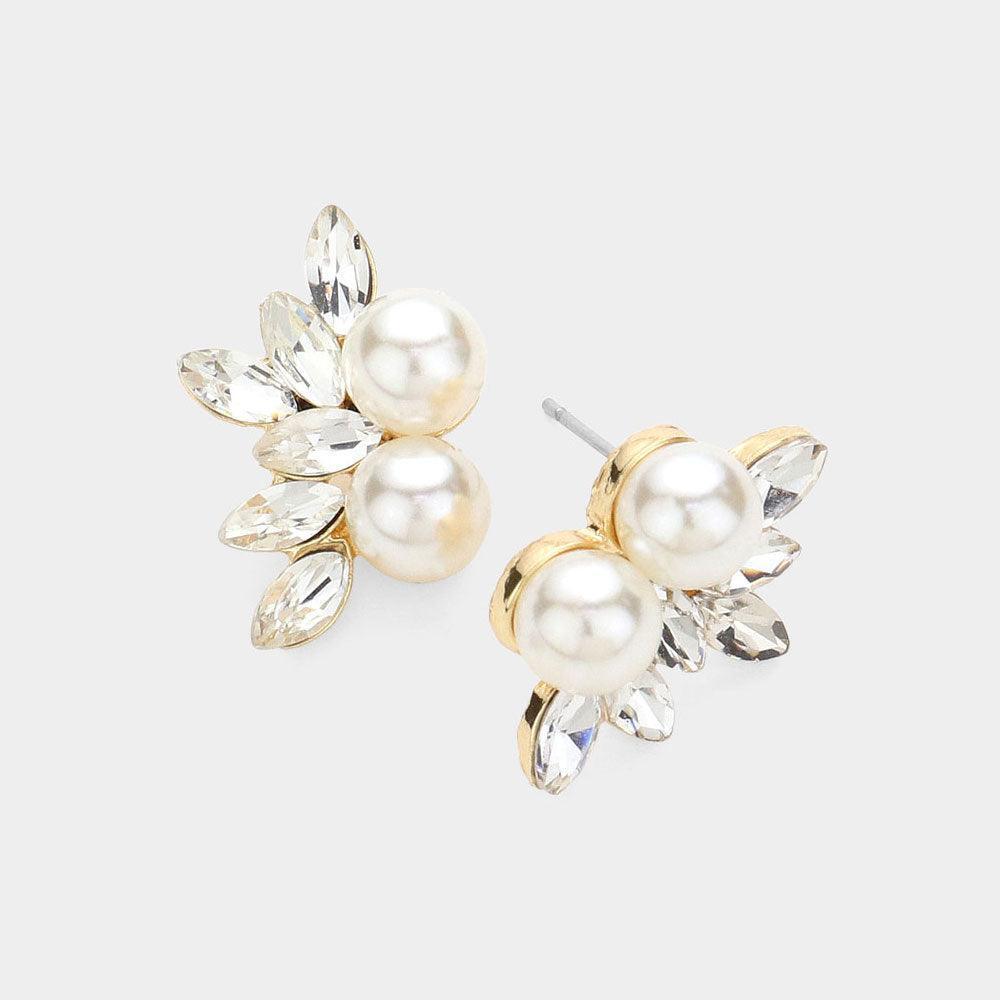 Cream Pearl Pointed Marquise Stone Cluster Stud Evening Earrings - Jewelry Store by Erik Rayo