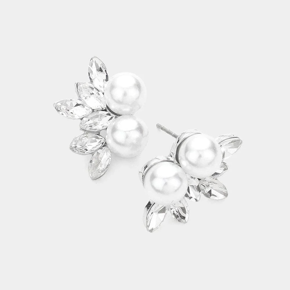 White Pearl Pointed Marquise Stone Cluster Stud Evening Earrings - Jewelry Store by Erik Rayo