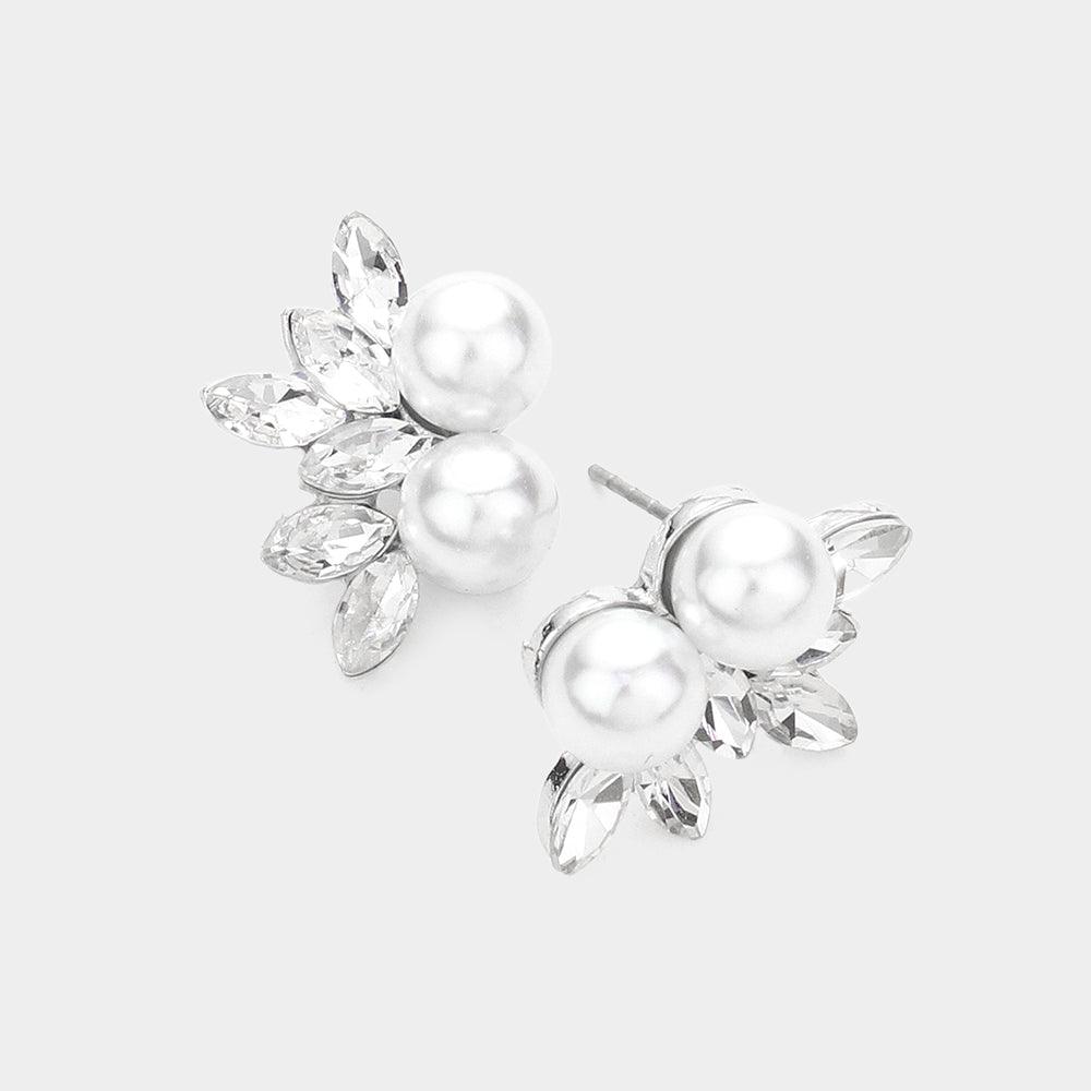 White Pearl Pointed Marquise Stone Cluster Stud Evening Earrings