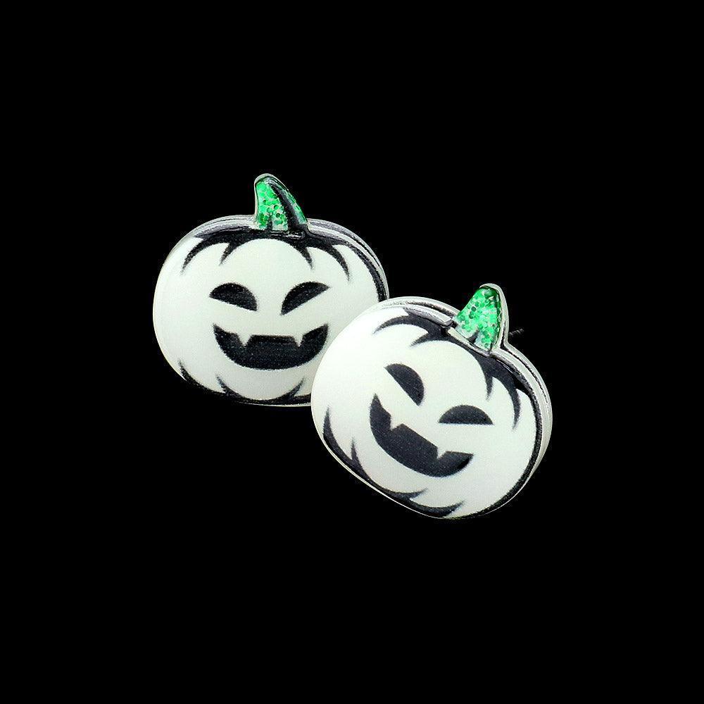 White Glow in The Dark Pumpkin Stud Earrings - Jewelry Store by Erik Rayo