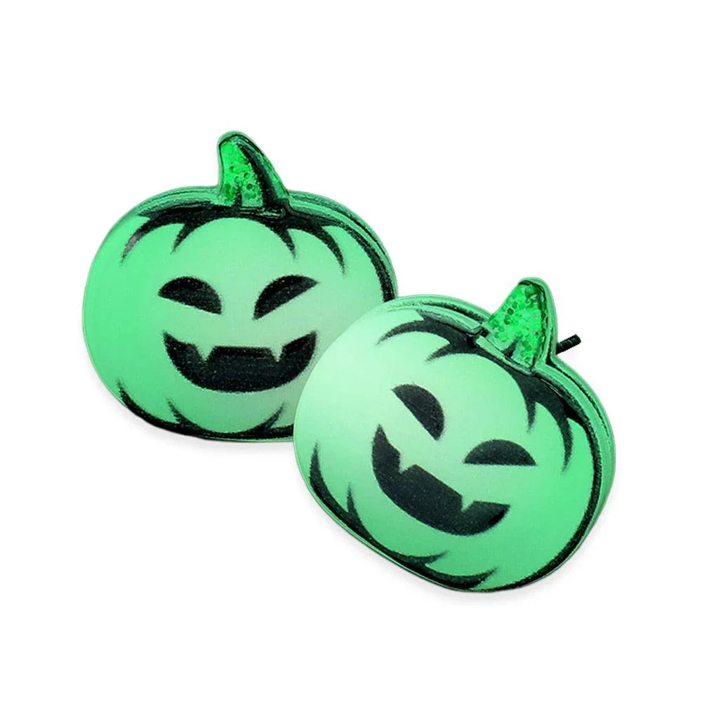 White Glow in The Dark Pumpkin Stud Earrings - Jewelry Store by Erik Rayo